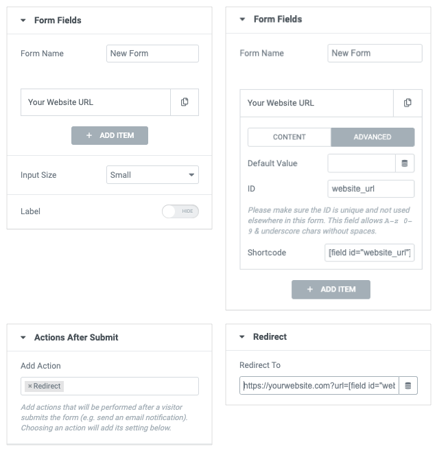 How to redirect Elementor form to user input URL