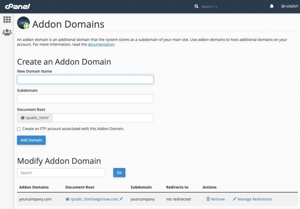 Setup an addon domain in cPanel